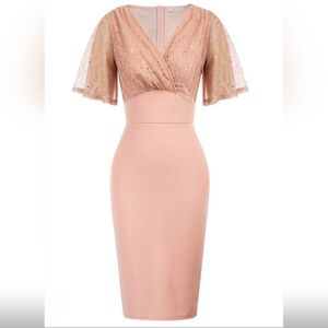 Belle Poque Peach Retro V Neck Glitter  Cocktail Pencil Bodycon Dress
